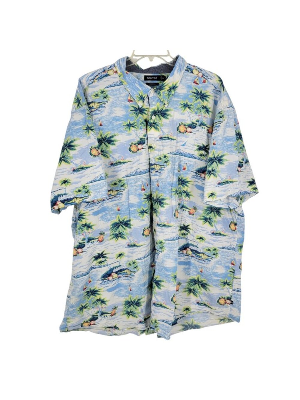 Nautica Hawaiian Shirt 4XLT Blue Palm Tree Tropical Aloha Resort Coastal Stretch